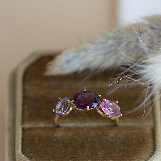 Gold ring with Garnet, Topaz and Amethyst 14 kt*new