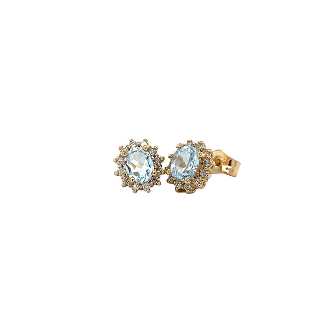 Gouden oorstekers met aquamarijn en diamant 14 krt* nieuw