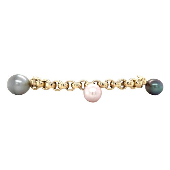 Golden jasseron bracelet with pearls 20 cm 14 karat