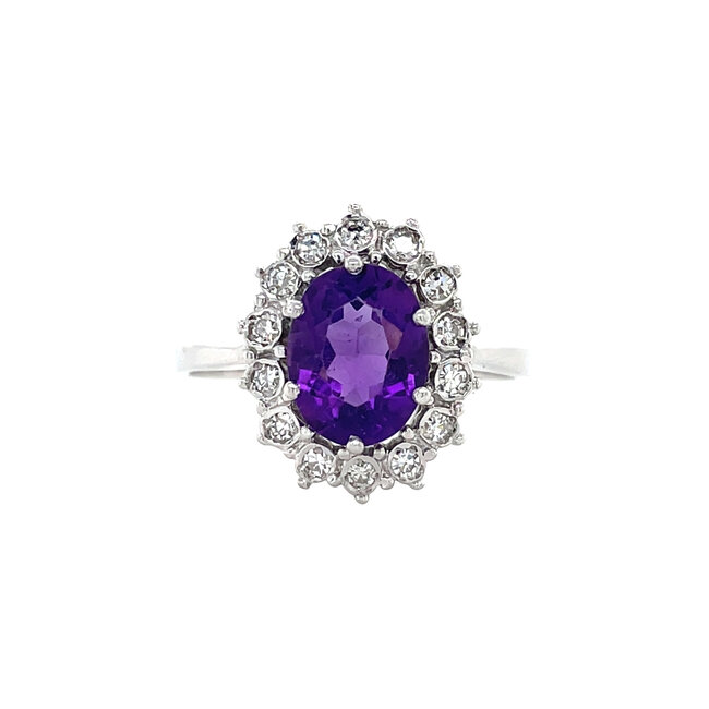Witgouden entourage ring met amethist en diamant 14 karaat
