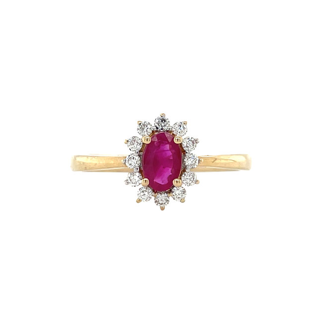 Geelgouden entourage ring met robijn en diamant 14 krt