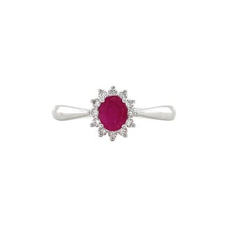 Witgouden entourage ring met robijn en diamant 14 krt