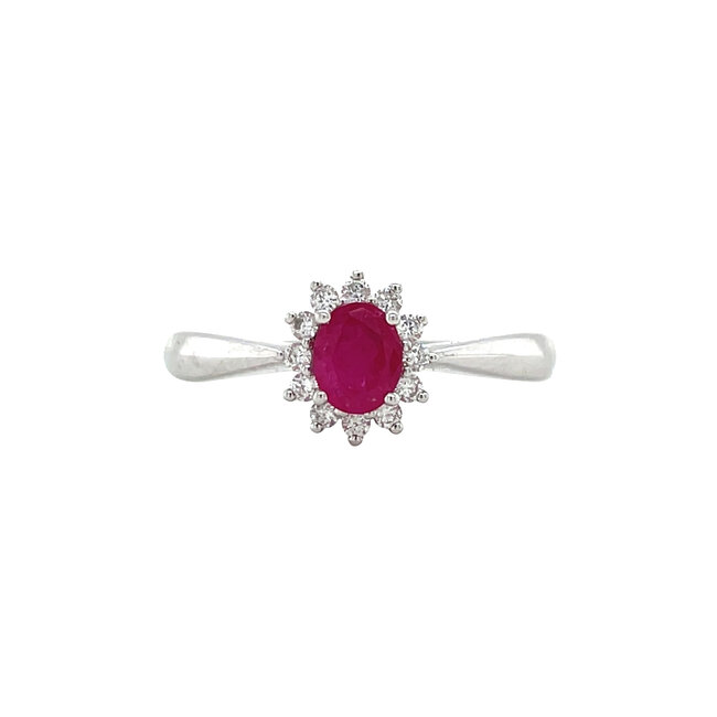 Witgouden entourage ring met robijn en diamant 14 krt