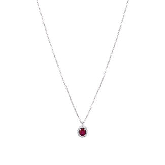 Witgouden entourage collier met robijn en diamant 14 krt