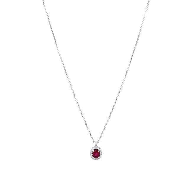 Witgouden entourage collier met robijn en diamant 14 krt