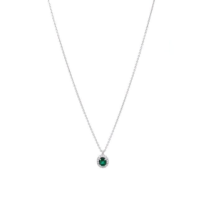 Weißgoldenes Entourage-Collier mit Smaragd und Diamant 14 kt