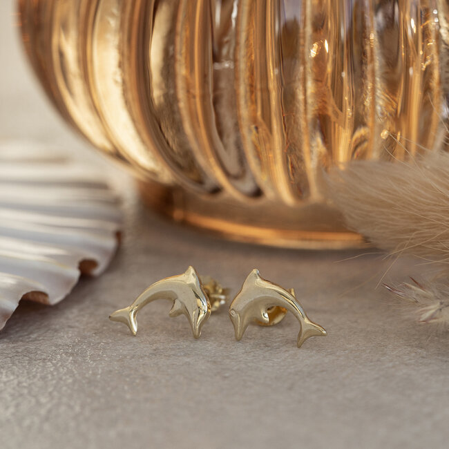 Gold children's stud earrings dolphin 14 karat