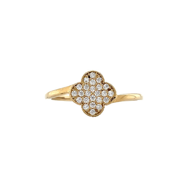 Goldener Ring mit Kleeblatt 4 Zirkonia 14 Karat