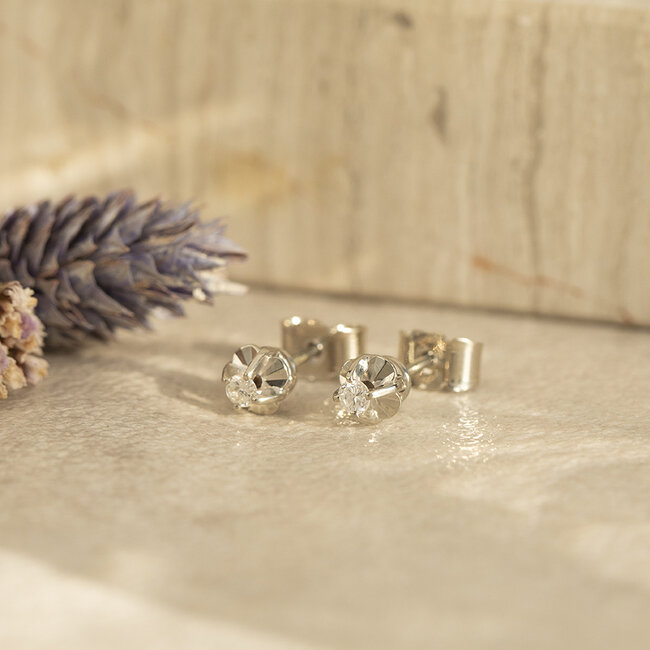 White gold solitaire ear studs with diamond 14 karat