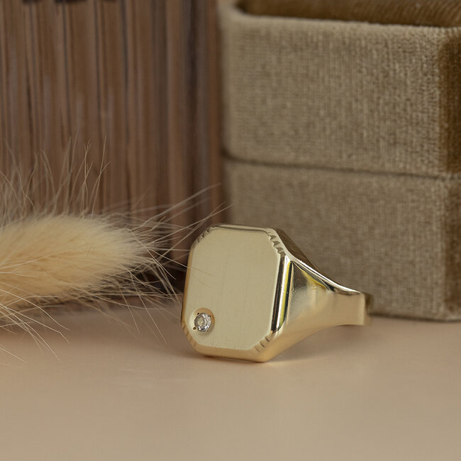 Gouden zegelring met zirkonia 14 karaat