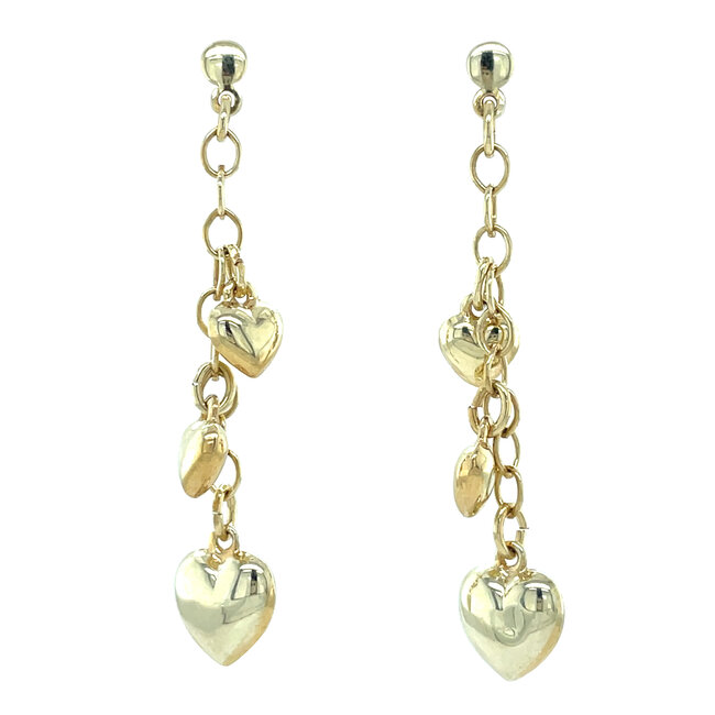 Gold stud earrings with dangling hearts 14 karat