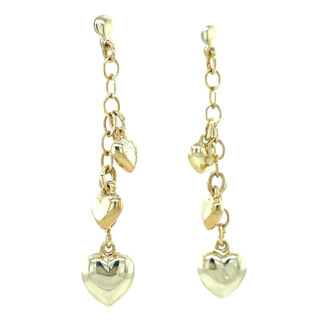 Gouden oorstekers met hangende hartjes 14 karaat
