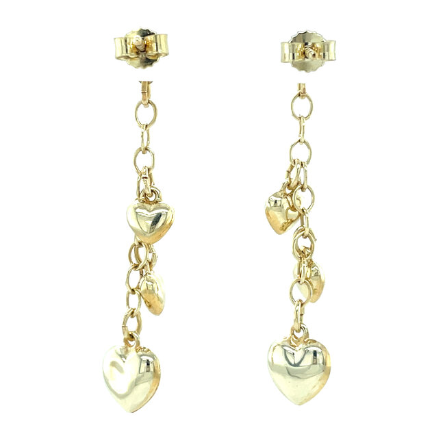 Gouden oorstekers met hangende hartjes 14 karaat