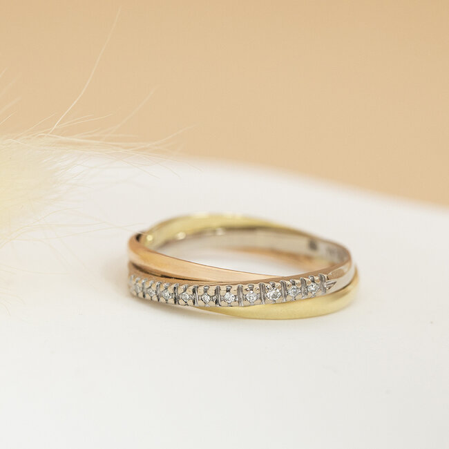 Tricolour gouden ring met diamant 18 karaat
