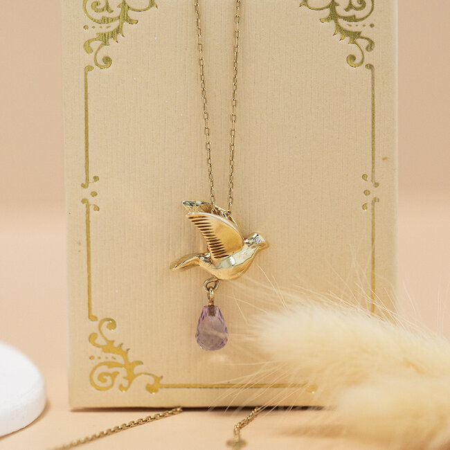 Goldener Anhänger Friedens-Taube mit Amethyst 14 Karat