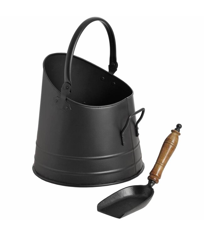 Hill Interiors Black Coal Bucket with Teak Handle Shovel