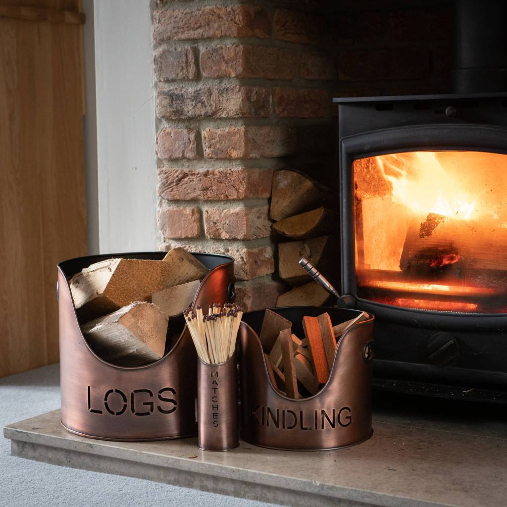 Log's & Kindling Buckets + Matchstick Holder In Copper Freitaslaf Net LTD