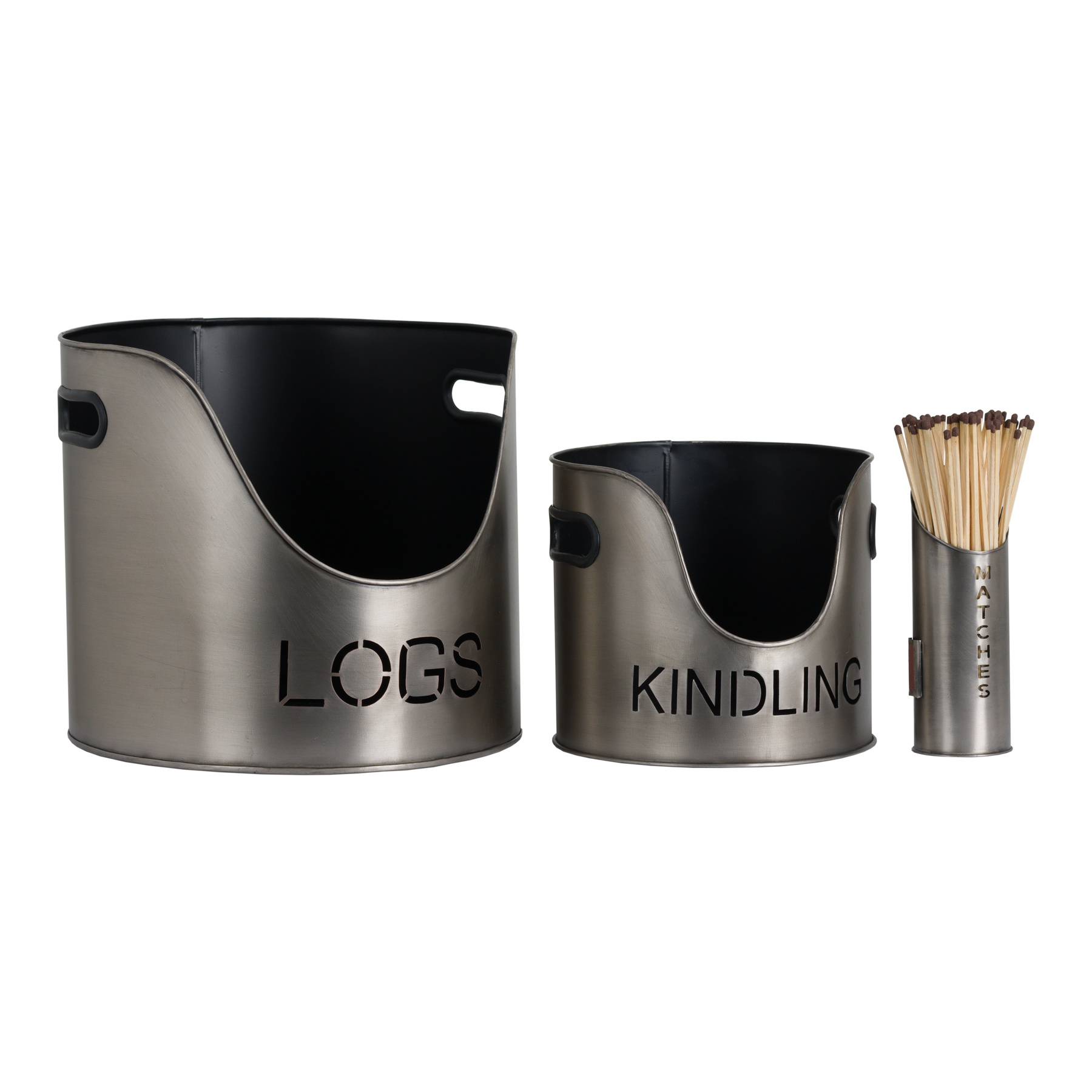 Hill Interiors Log's & Kindling Buckets + Matchstick Holder In Pewter