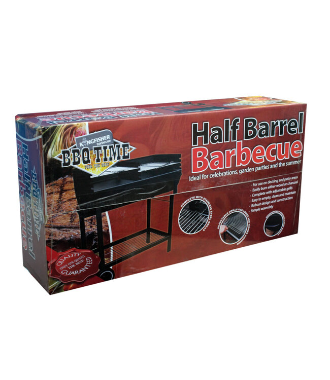 Kingfisher Garden Half Barrel Steel Drum BBQ Barbecue with Chrome Racks & Wheels