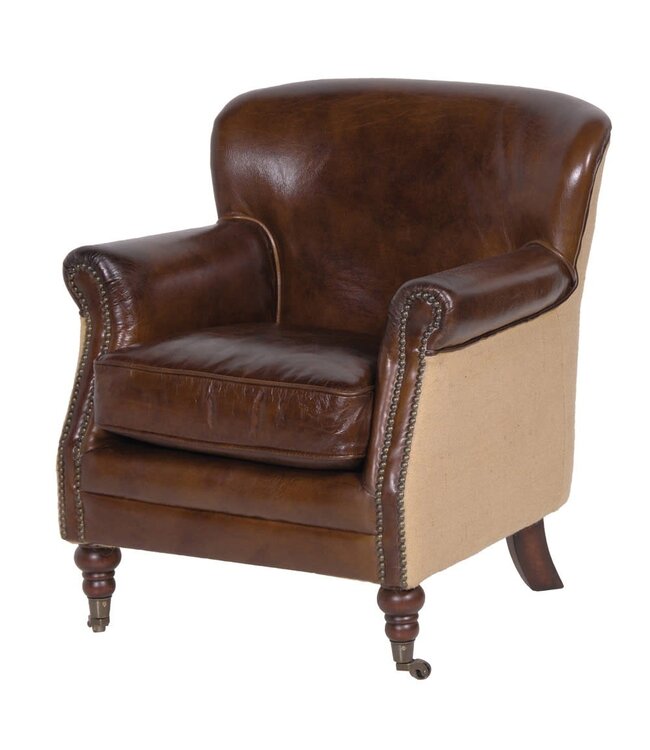 Brown Leather & Linen Armchair