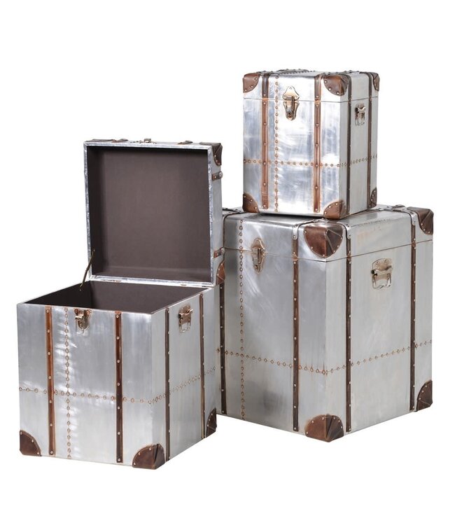 Set of 3 Square Silver Trunks with Straps