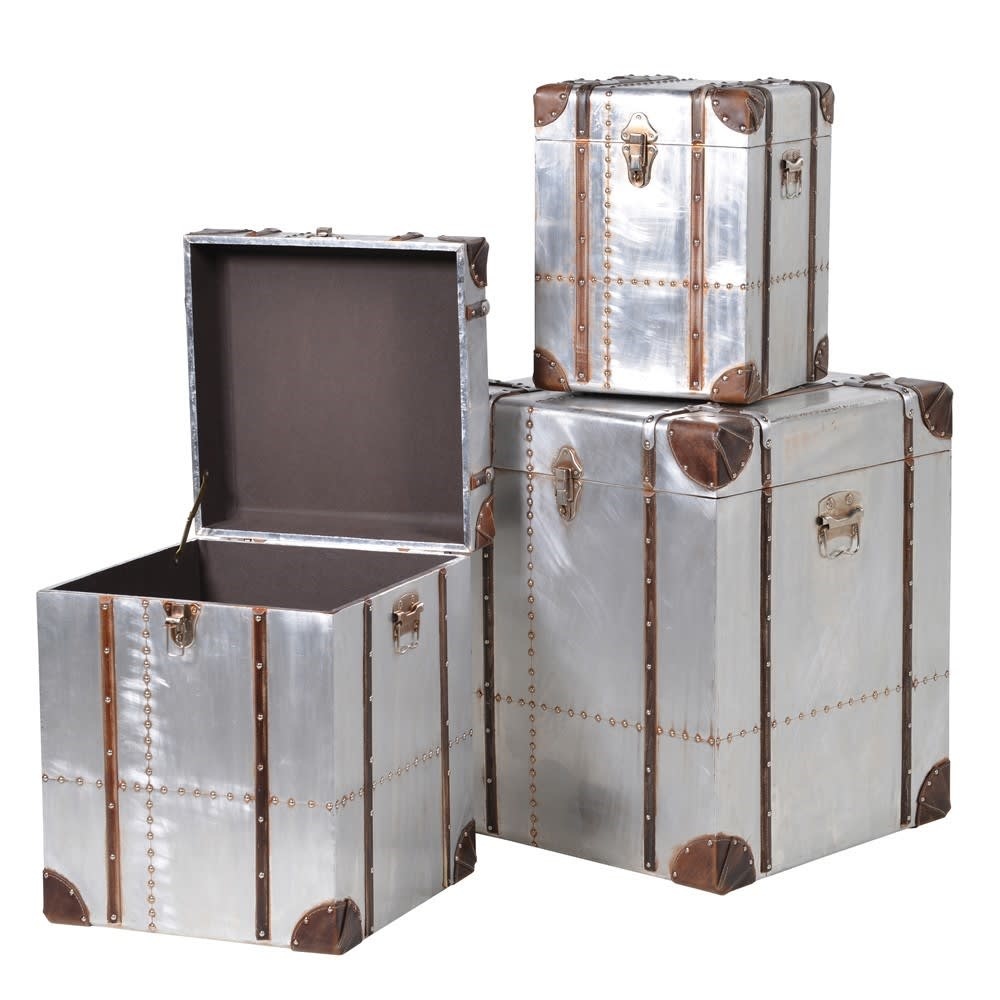 Set of 3 Square Silver Trunks with Straps