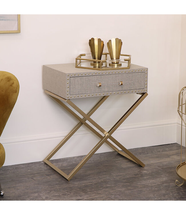 Beige Linen & Gold Cross Leg Bedside / Side Table