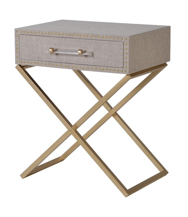 Beige Linen & Gold Cross Leg Bedside / Side Table