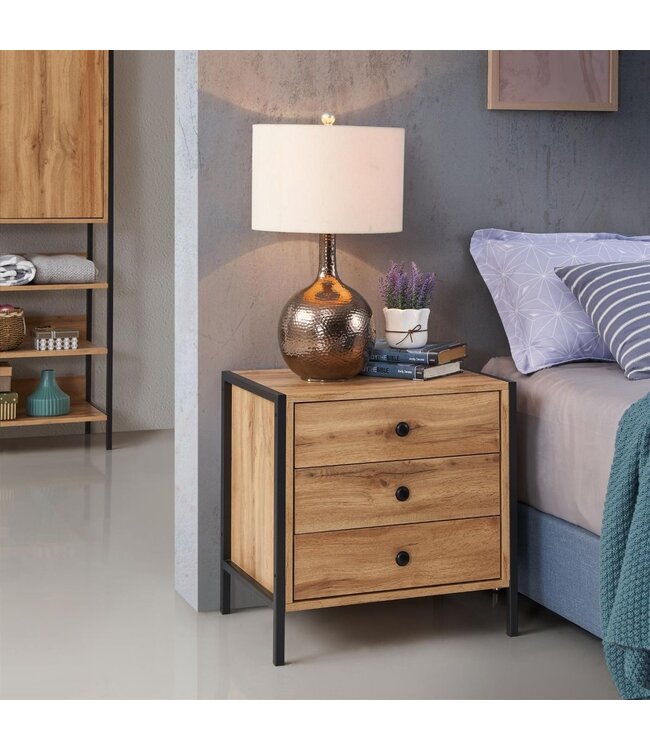 Timber Art Design Zahra Wotan Oak Effect 3 Drawers Bedside
