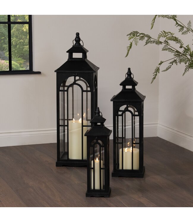 Hill Interiors Set Of Three Black Wooden Lanterns With Archway Design