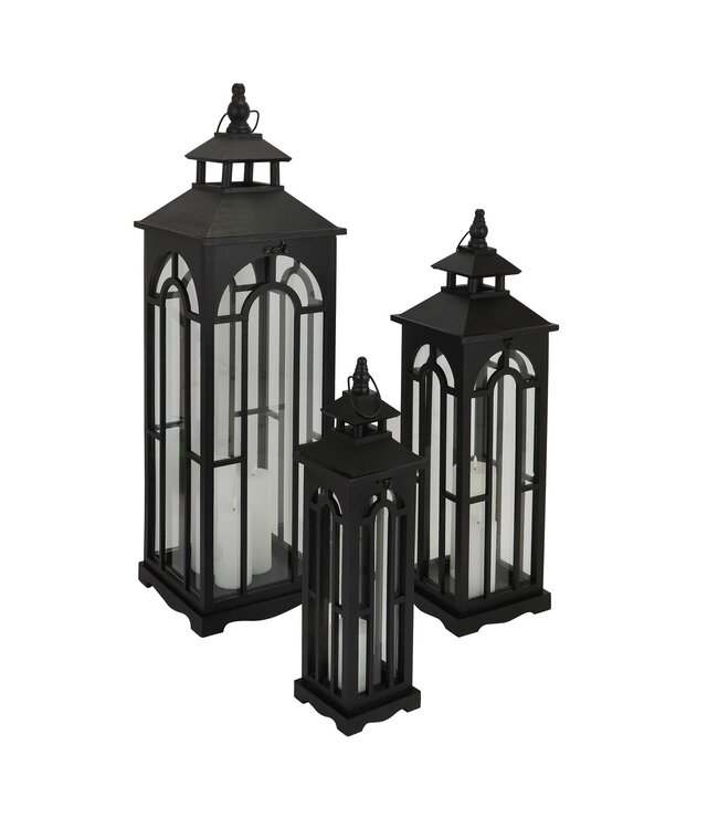 Hill Interiors Set of 3 Black Wooden Lanterns Archway Design