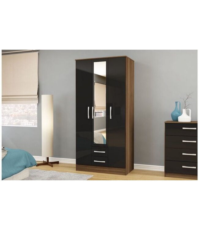 Birlea Lynx 3 Door 2 Drawer Wardrobe Walnut & Black Gloss