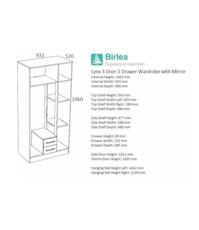 Birlea Lynx 3 Door 2 Drawer Wardrobe Walnut & Black Gloss