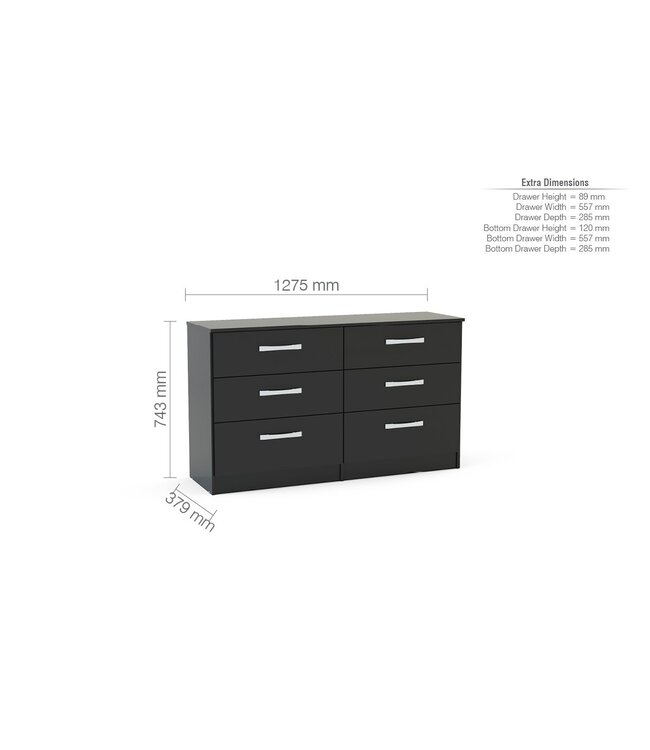 Birlea Lynx 6 Drawer Wide Chest Walnut & Black Gloss