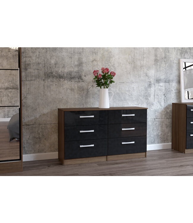Birlea Lynx 6 Drawer Wide Chest Walnut & Black Gloss