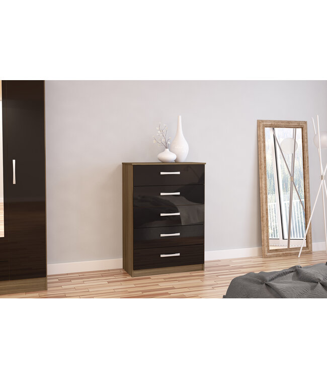 Birlea Lynx 5 Drawer Chest Walnut & Black Gloss