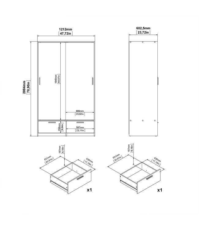 Furniture to Go Line Wardrobe 2 Sliding Doors 2 Drawers