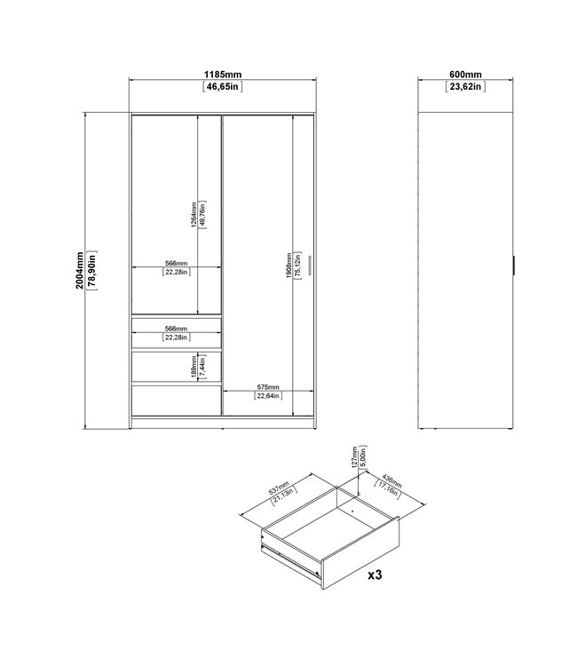 Furniture to Go Naia Wardrobe 1 Sliding Door 3 Drawers