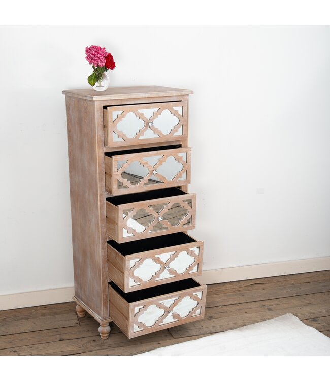Wood & Lattice Mirrored Narrow Chest of Drawers