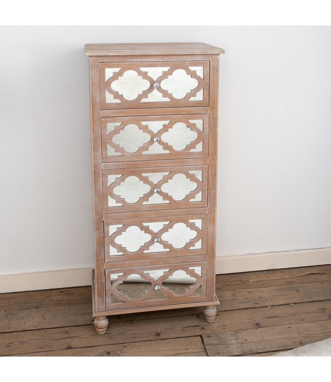 Wood & Lattice Mirrored Narrow Chest of Drawers