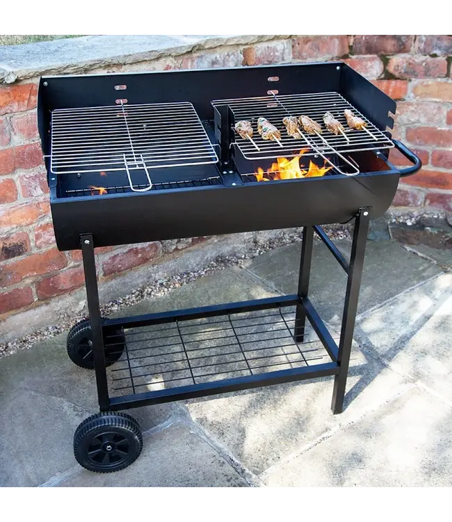 Kingfisher Garden Half Barrel Steel Drum BBQ Barbecue with Chrome Racks & Wheels