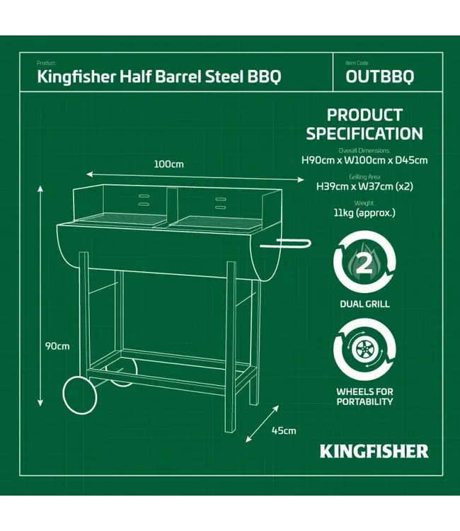 Kingfisher Garden Half Barrel Steel Drum BBQ Barbecue with Chrome Racks & Wheels