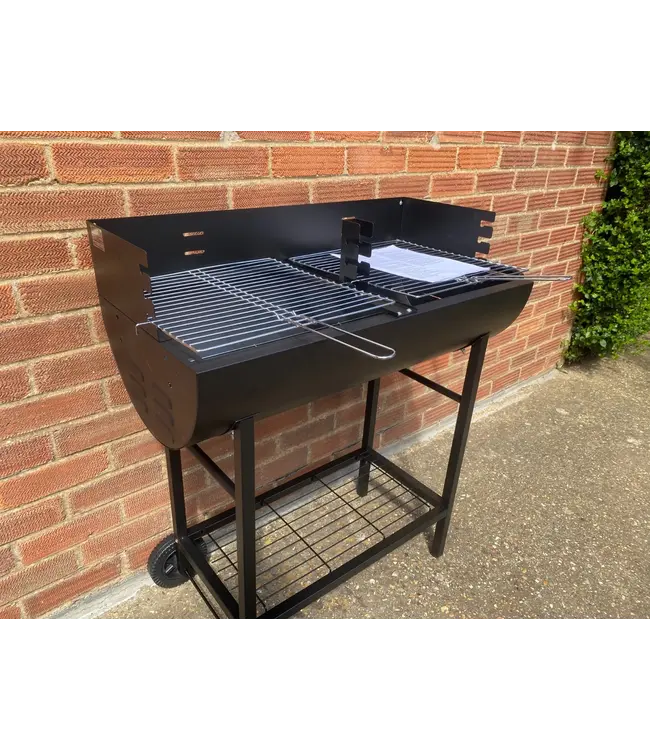 Kingfisher Garden Half Barrel Steel Drum BBQ Barbecue with Chrome Racks & Wheels