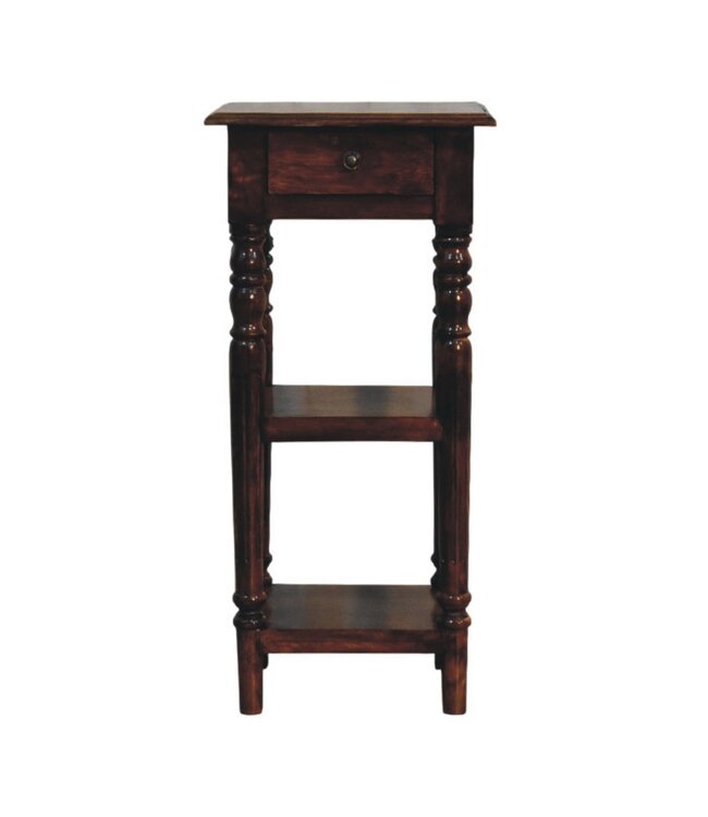 Mango Wood Tall Side Table with Drawer & Shelves
