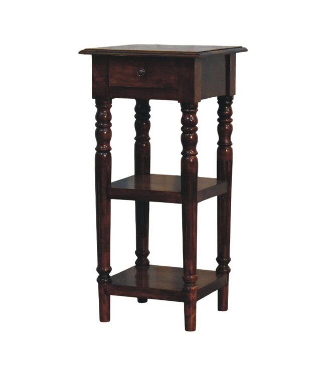 Mango Wood Tall Side Table with Drawer & Shelves