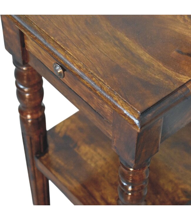 Mango Wood Tall Side Table with Drawer & Shelves