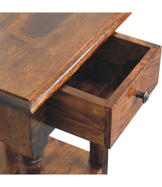 Mango Wood Tall Side Table with Drawer & Shelves