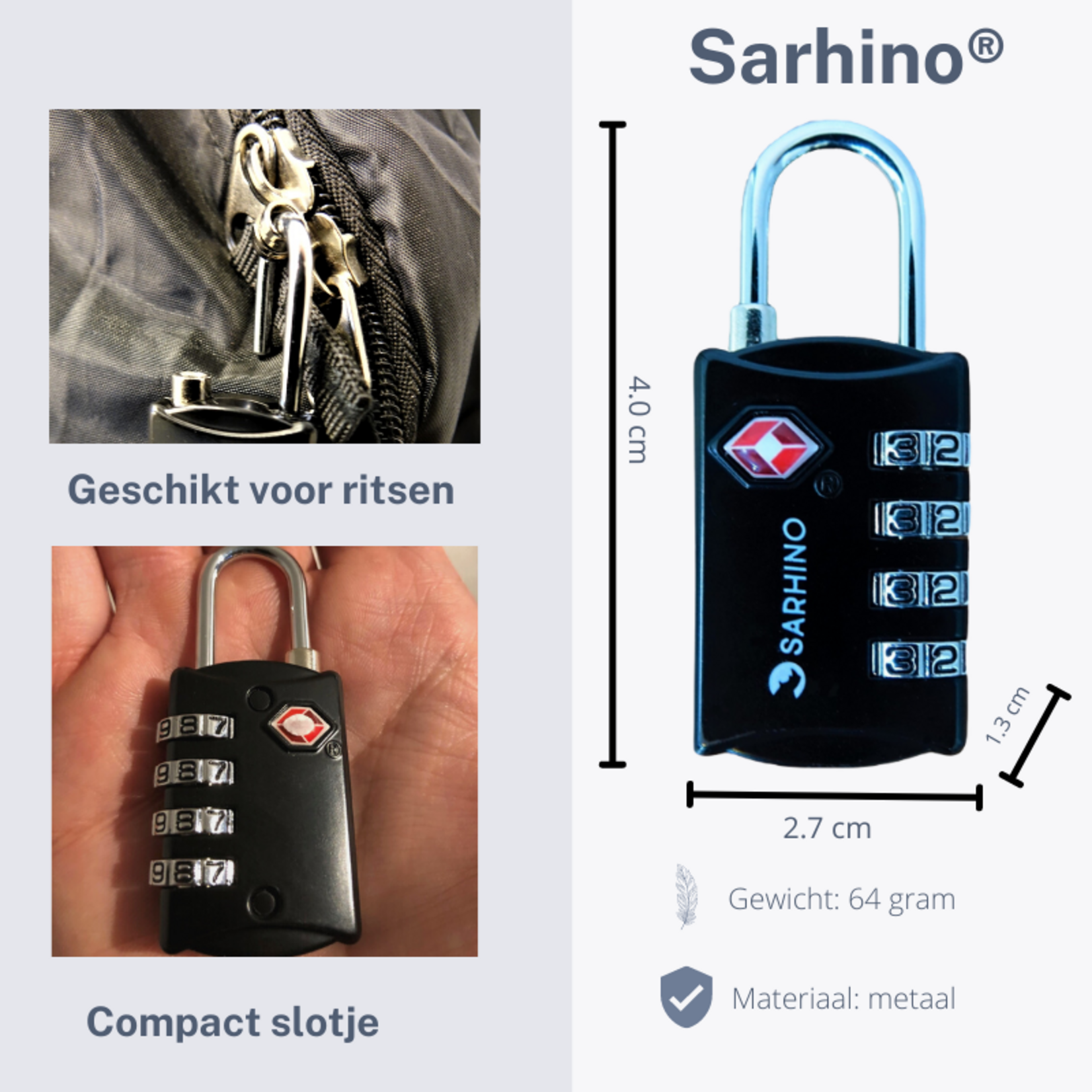 Sarhino Protect One TSA cijferslot 4 cijfers - zwart
