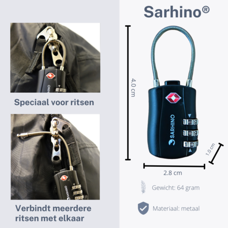 Sarhino Protect Zipper TSA cijferslot 3 cijfers - zwart