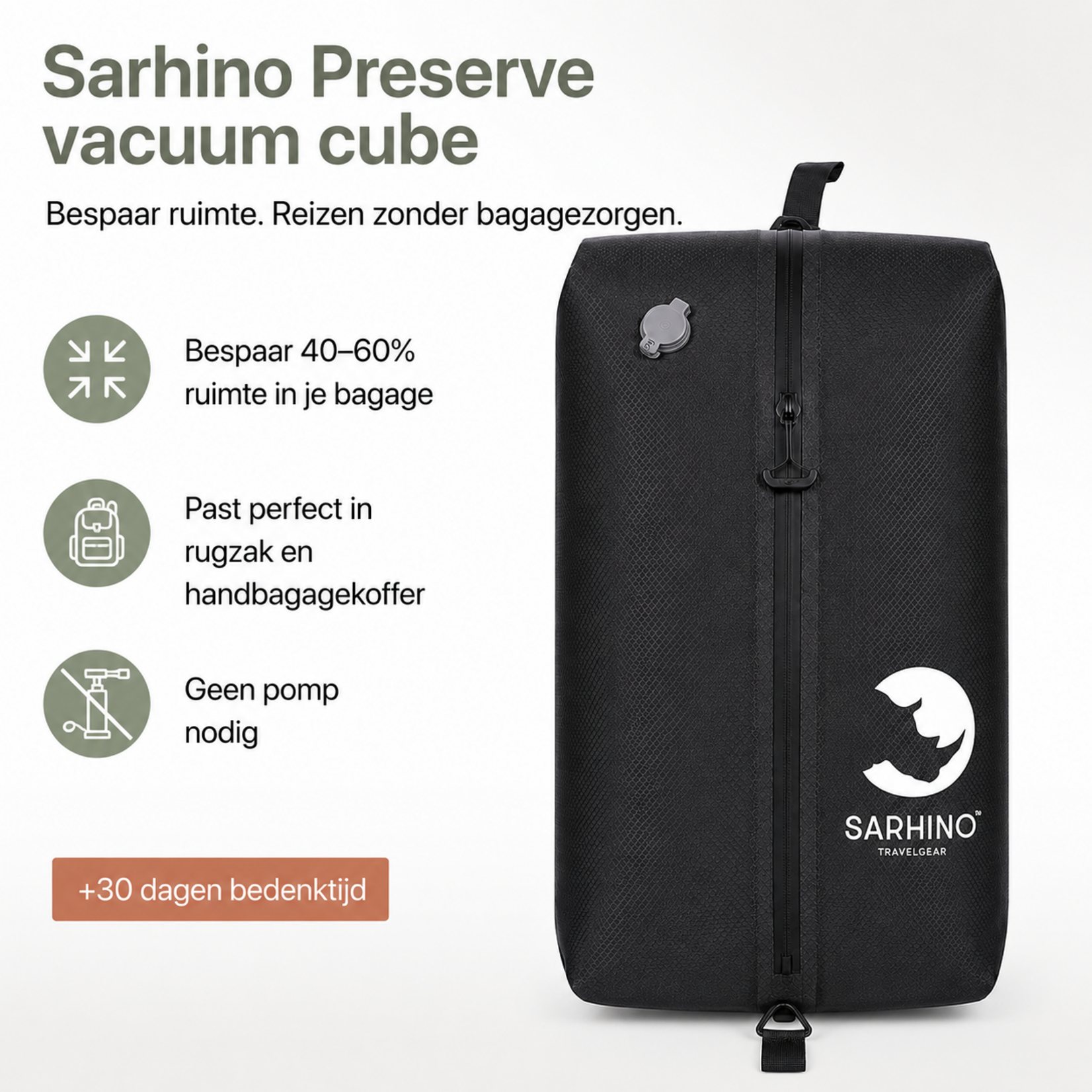 Sarhino Preserve - vacuum packing cube - kledingzak - compressie zonder pomp - zwart